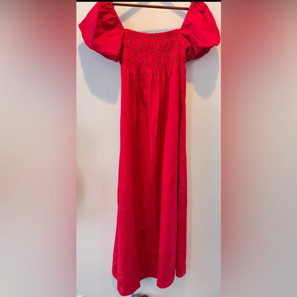 Red Smocked Maxi Dress Linen Blend Puff Sleeve Cottagecore M Kourt - Picture 3 of 6